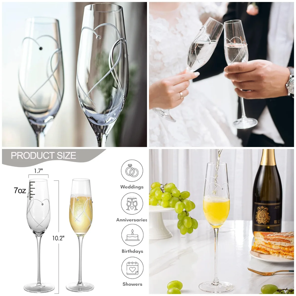 

Champagne Flutes Set of 2 with Engraved Heart & Crystal, Wedding Gift for Couple