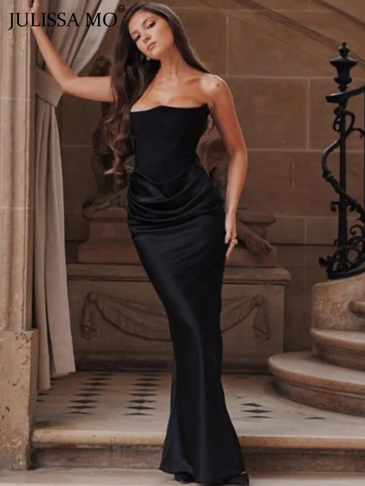 

JULISSA MO 2023 NEW Elegant Women Party Club Evening Dress Satin Patchwork Draped Strapless Backless Maxi Dress Ladies Outfits