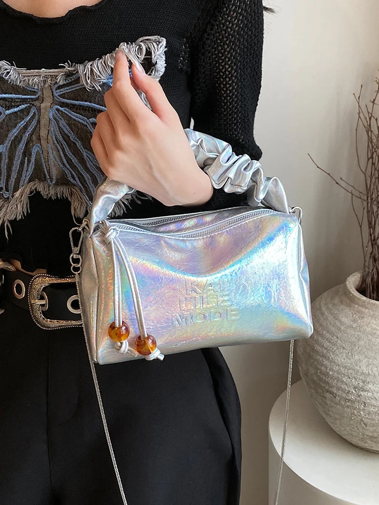 Shiny Silver Handbag For Women 2024 New Trendy  Versatile Chain Crossbody Bag Soft Face PU Tassel Square Bag Elegant Party Bag