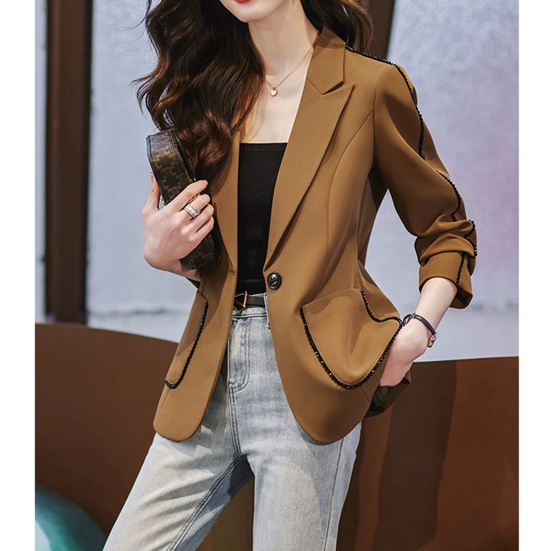 

Blazer Coat Women's Spring/Summer New Slim Fit Panel Simple Pocket Solid Color Single Button British Long Sleeve Blazer 2023