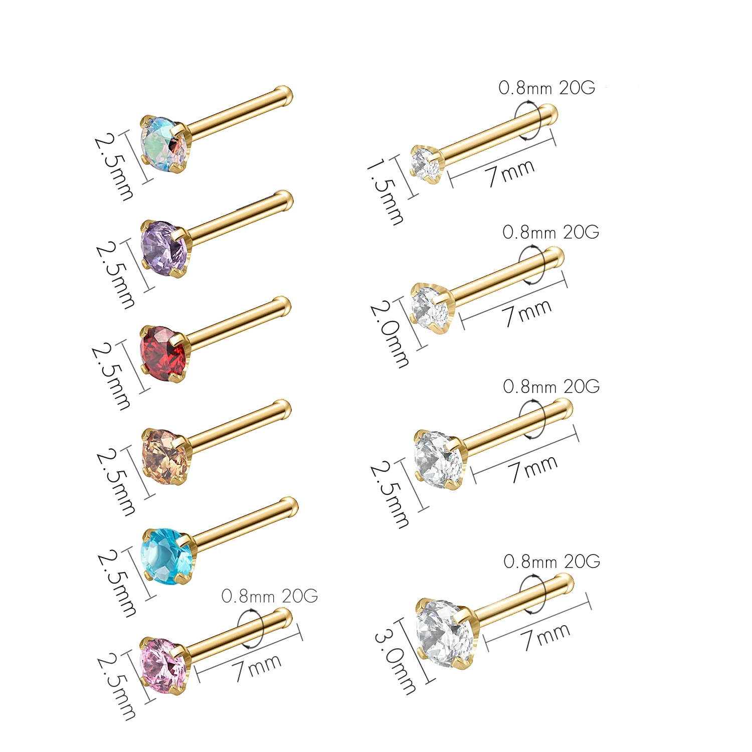 6/10Pcs Mix Color Stainless Steel Nose Ring Stud for Women Girl Nostril Piercings Rings Crystal Gem Body Piercing Jewelry 20G