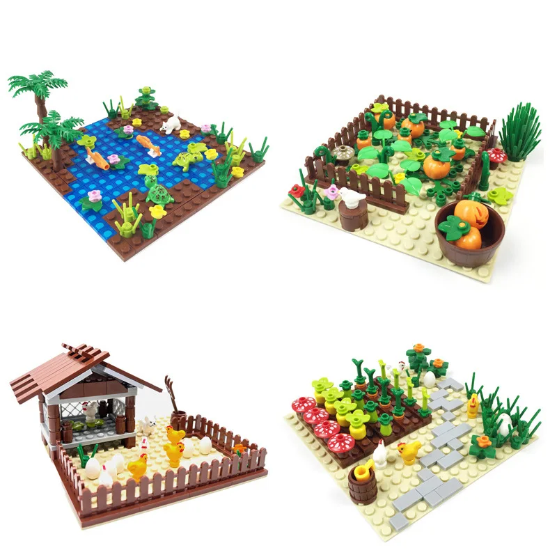 MOC scene Pumpkin field chicken nest turtle fish pond chicken farm DIY assembling small particle building blocks