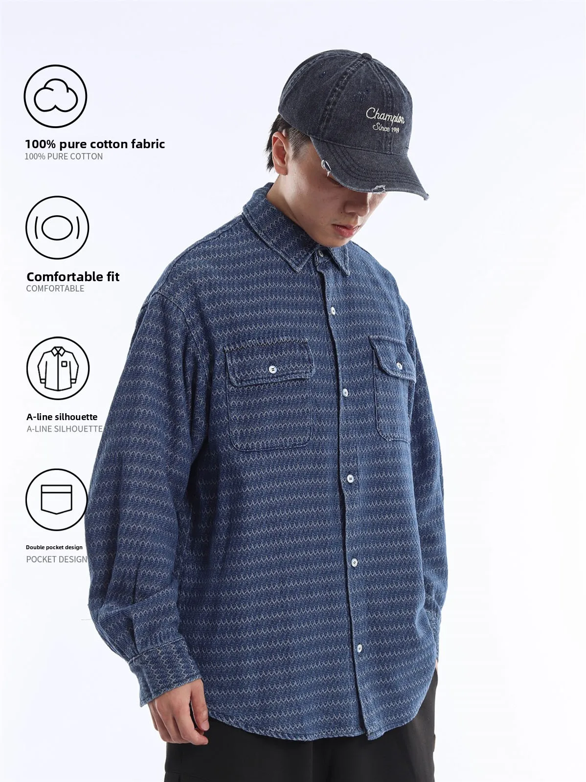 Loose Casual Men's Long Sleeve Shirt Textured Retro Floral Blue Dyeing Workwear Jacket Comfortable Breathable Cotton Spring A...
