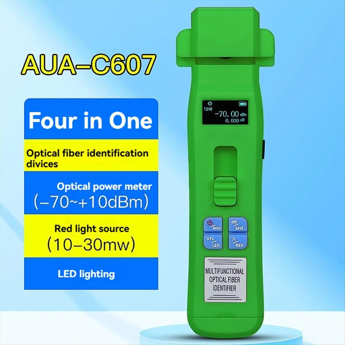

MYdaY- Green AUA-C607 Rechargeable Optical Fiber Identifier + OPM + VFL + LED Light Fiber Optic Cable Tester FTTH Tool
