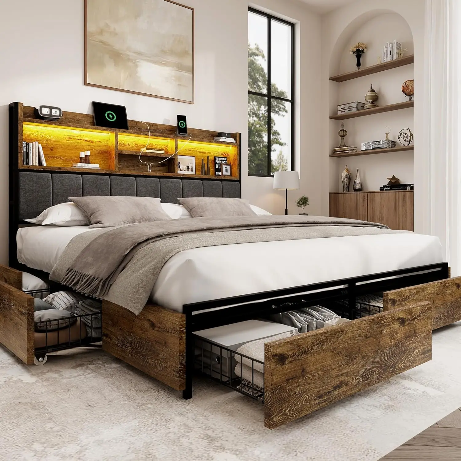 Queen Bed Frame 6 Storage Drawers Upholstered Headboard USB LED Silent Metal Support No Box Spring Brown Customized
