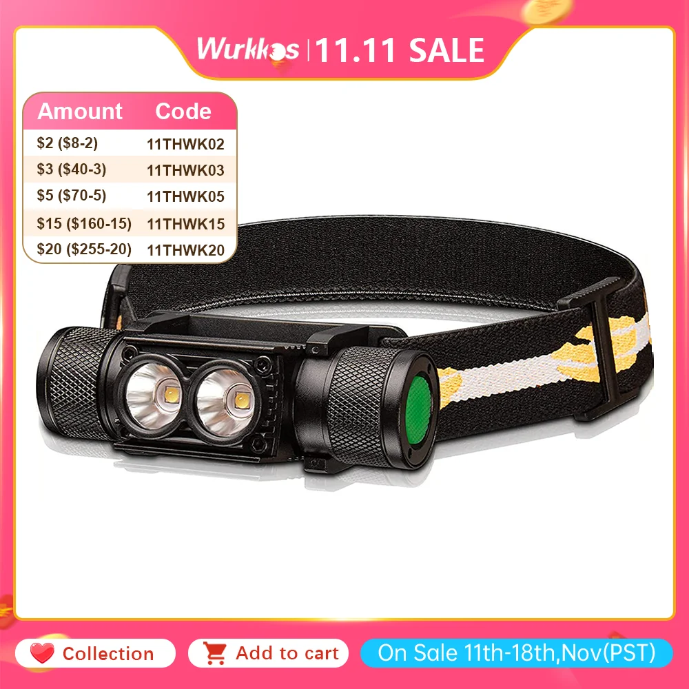 Wurkkos H25L USB Rechargeable 1200LM 18650 Headlamp Dual LH351D 90CRI 5000K Head Flashlight IPX4 Camping Fishing Torch