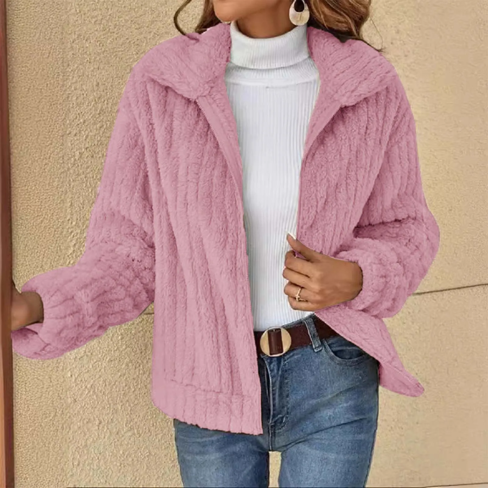 Abrigo de lana de Color liso para mujer, chaqueta holgada Simple de manga larga con cremallera y solapa, cálida y cómoda, moda de otoño e invierno