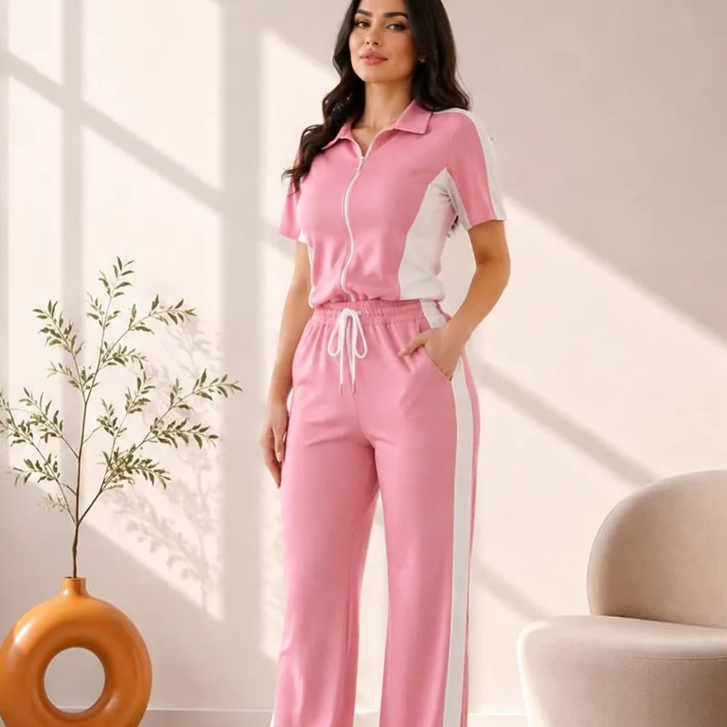 

Doyerl Striped Casual Tracksuits Sets for Woman Two Piece Set Joggers Zipper Turn-down Collar Top and Sweatpants Ensemble Sport