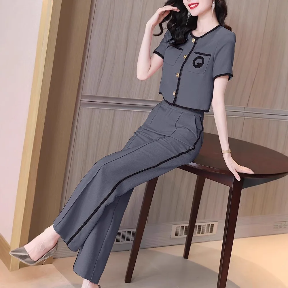 Summer new women's high-end casual suit short sleeved cardigan T-shirt+high waist wide leg pants two-piece set