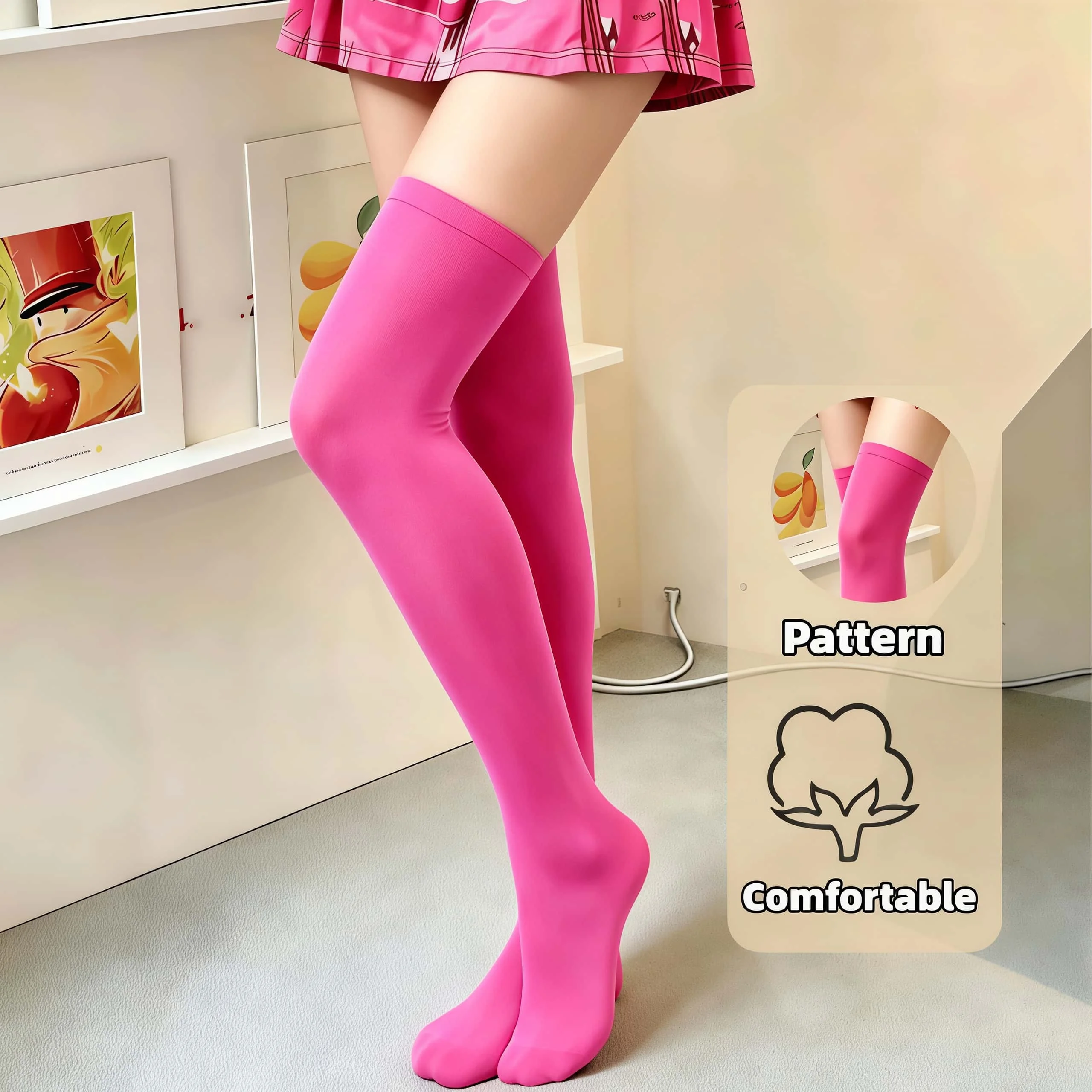 Solide magentafarbene Overknee-Socken für Damen, bequeme, elastische, vielseitige hohe Socken, perfekt für den täglichen Gebrauch und Partys – Detail 3