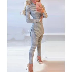 Fashion 2 Piece Sets Womens Outfits Streetwear Autumn 2023 Versatile Casual Long Sleeves Split Top Solid Pants Suits for Female