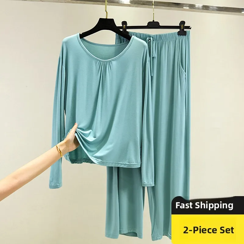 Loose Modal Long Sleeve Sleepwear Set for Women Casual Thin Home Clothes Two-Piece Set Comfortable round Neck Pullover Top