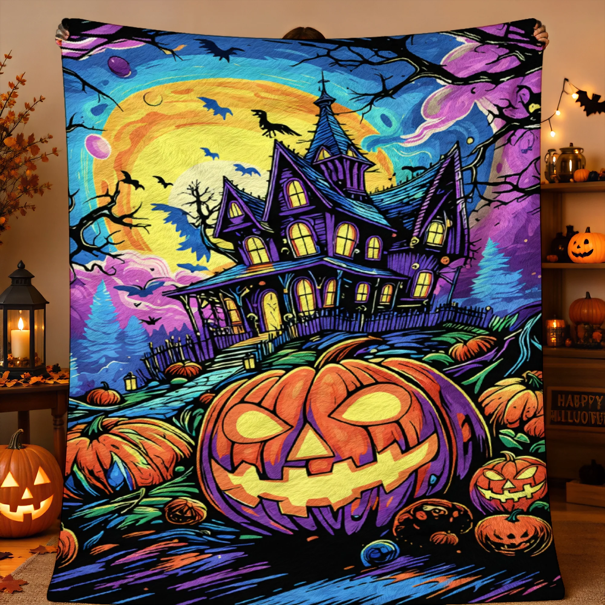 1pc 2D Printed Halloween Haunted House Glowing Jack O Lanterns Moonlit Sky Bats Pumpkins Throw Blanket Soft Warm for Sofa Bed Re