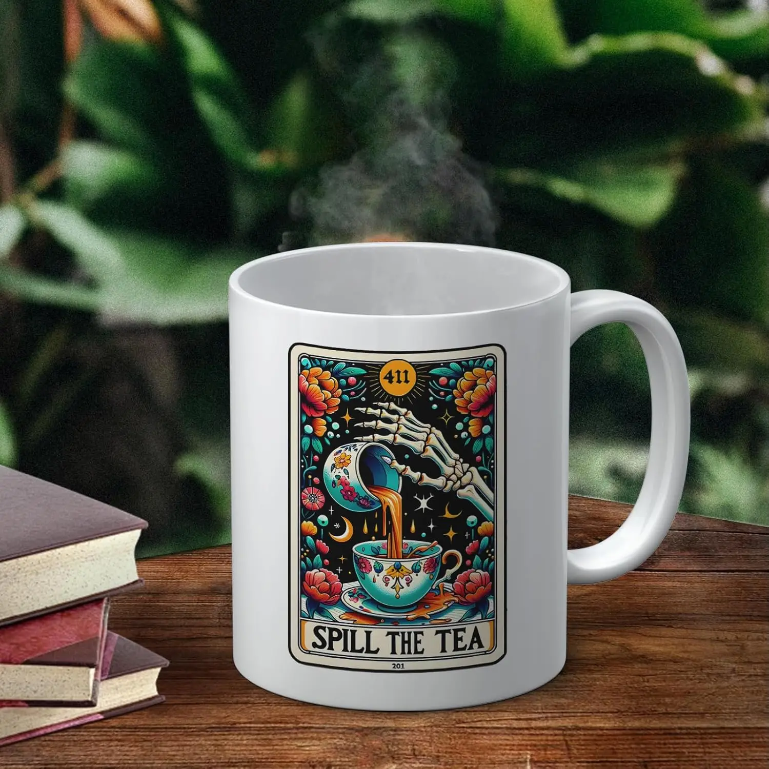 Spill the Tea Funny Coffee Mug 11oz - Goth Gifts for Women, Unique Tarot Card Skeleton Ceramic Mug, Tea Mug, Hot Choclate Mug, F