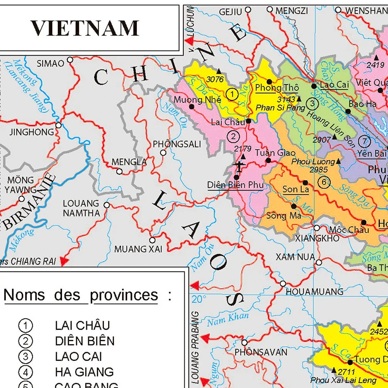 Série de Mapas Franceses - Mapa do Vietnã - Mapa Administrativo, Decoração Educacional e para Viagens, Enfeite de Parede