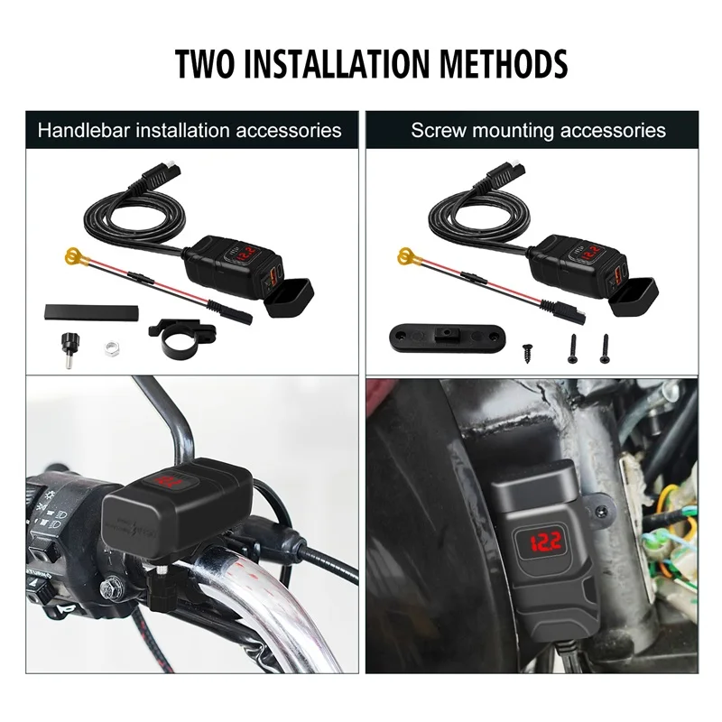 Cargador USB de doble puerto QC3.0 para motocicleta, carga rápida, voltímetro, interruptor de encendido y apagado, adaptador SAE a USB impermeable para teléfono y tableta