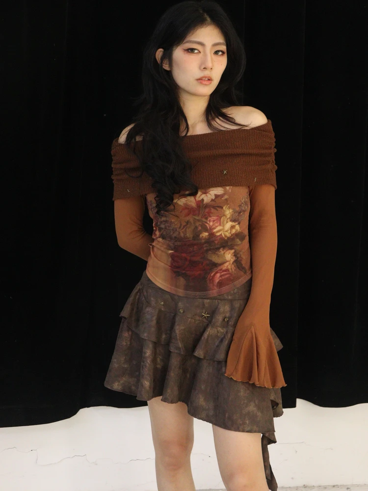 

Текстурированная коричневая юбка-миди с заклепками и декоративными элементами, универсальная, пышная, из 100% ацетатного волокна, осень 2023, женская.