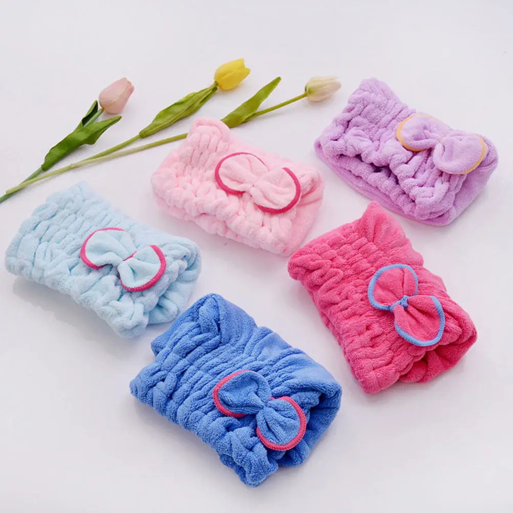 Bowknot Hair Drying Cap Coral Fleece Ultra Soft Absorbent Fast Dry Fabric Ideal Shower Bath Cap for Women Daily Use At