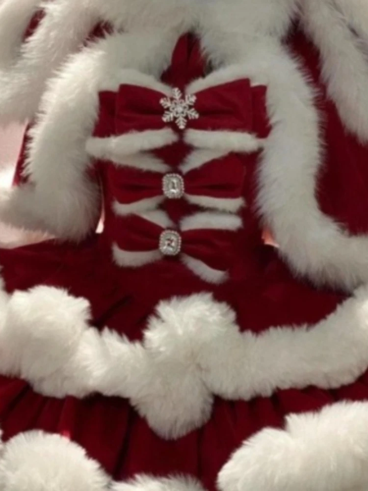 أنيقة فاخرة الحلو لوليتا عيد الميلاد الأميرة مجموعة المرأة الأحمر فروي الأرنب الأذن عباءة القوس نفخة فستان لطيف احتفالي موضة الزي