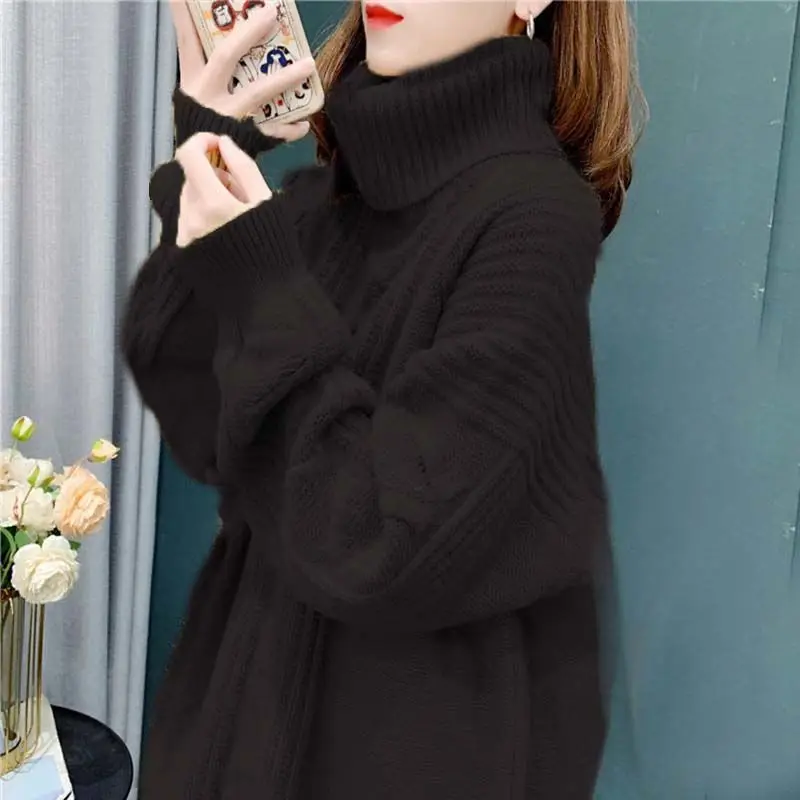 Vintage Turtleneck Pullover Women\'s Outside Wear Autumn Winter 2024 New Fashion Loose Long-Sleeved Knitted Sweater Jacket