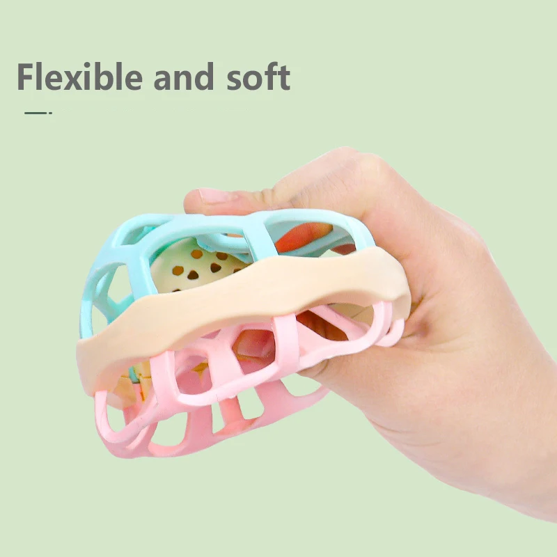 아기 핸드벨 딸랑이 치발기 공, 신생아 어린이 선물, 소프트 실리콘 무료 교육, 0-12 개월 몬테소리 장난감