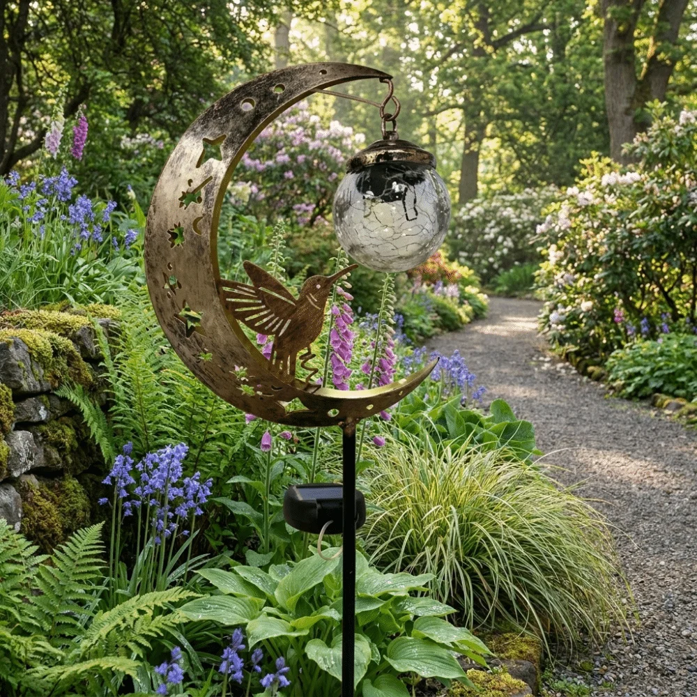 Waterproof Solar Garden Stake Light Solar Powered Half-Moon Design Hummingbird Moon Light Creative Floor Insertion Lawn Lamp
