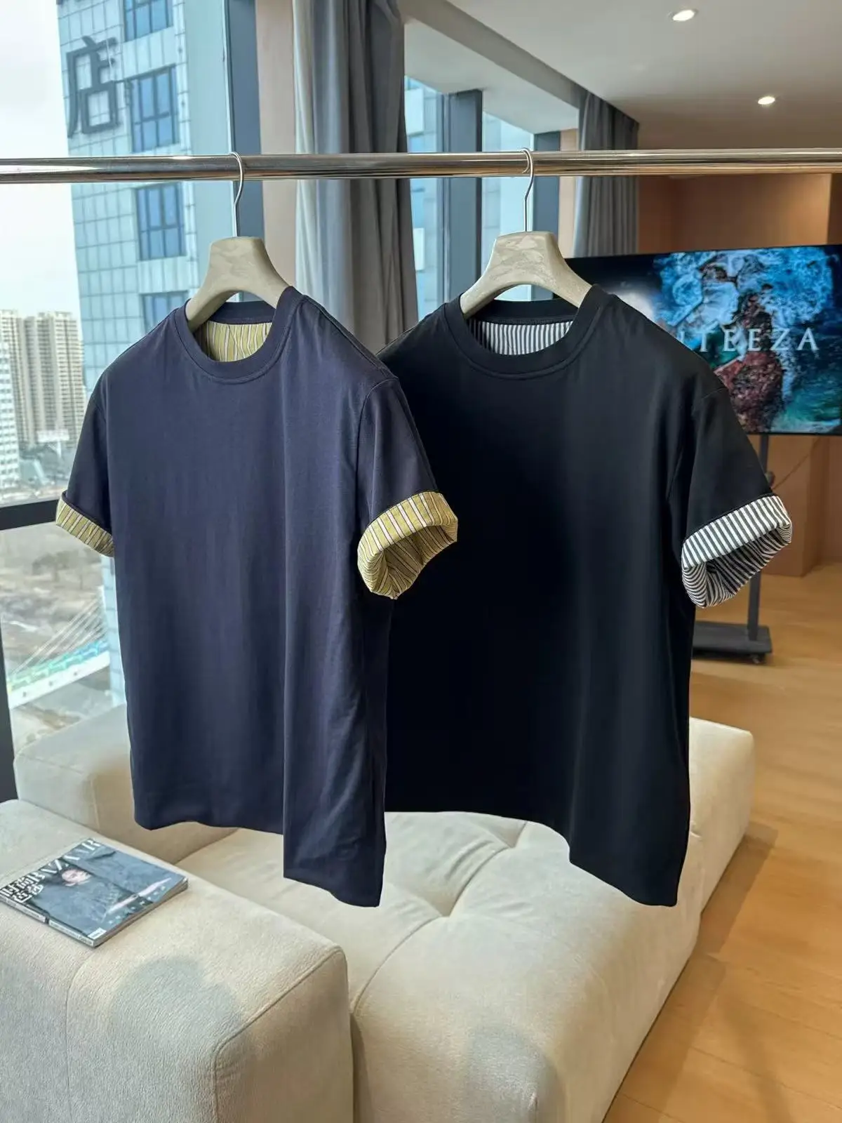 

25SS striped double-layer "real two-piece" contrasting loose men's and women's short sleeved T-shirt