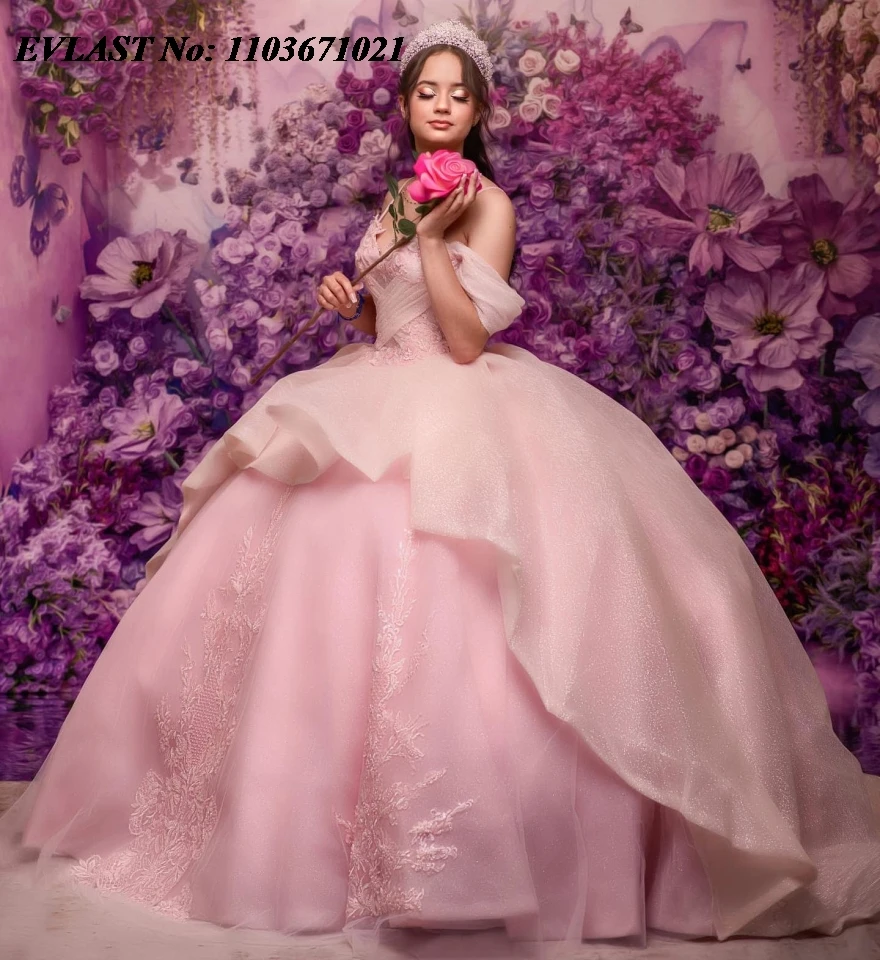 EVLAST ที่กําหนดเองสีชมพู Quinceanera Ball Gown ลูกไม้ Applique ลูกปัดเพชรฉัตรรัดตัวหวาน 16 Vestidos De 15 Anos SQ509