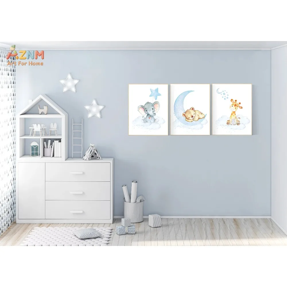 AZNM 3Pcs Watercolor Cute Animal Canvas Wall Art, Baby Elephant Bear Giraffe Moon Star Cloud Print Frameless Canvas Painting,