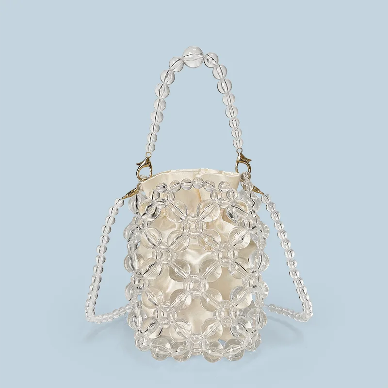 New transparent irregular hand woven crystal bead pearl banquet phone bag, crossbody water bucket small bag