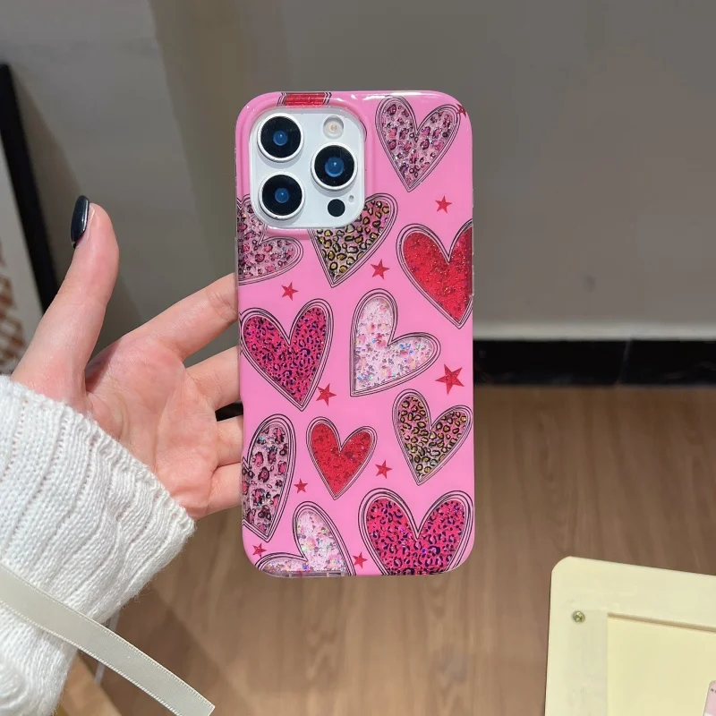 

Luxury3D Love Heart leopard print Bling Glitter Phone Case For iPhone 13 14 15 16 Pro Max Fashion sexy leopard Glitter Cover