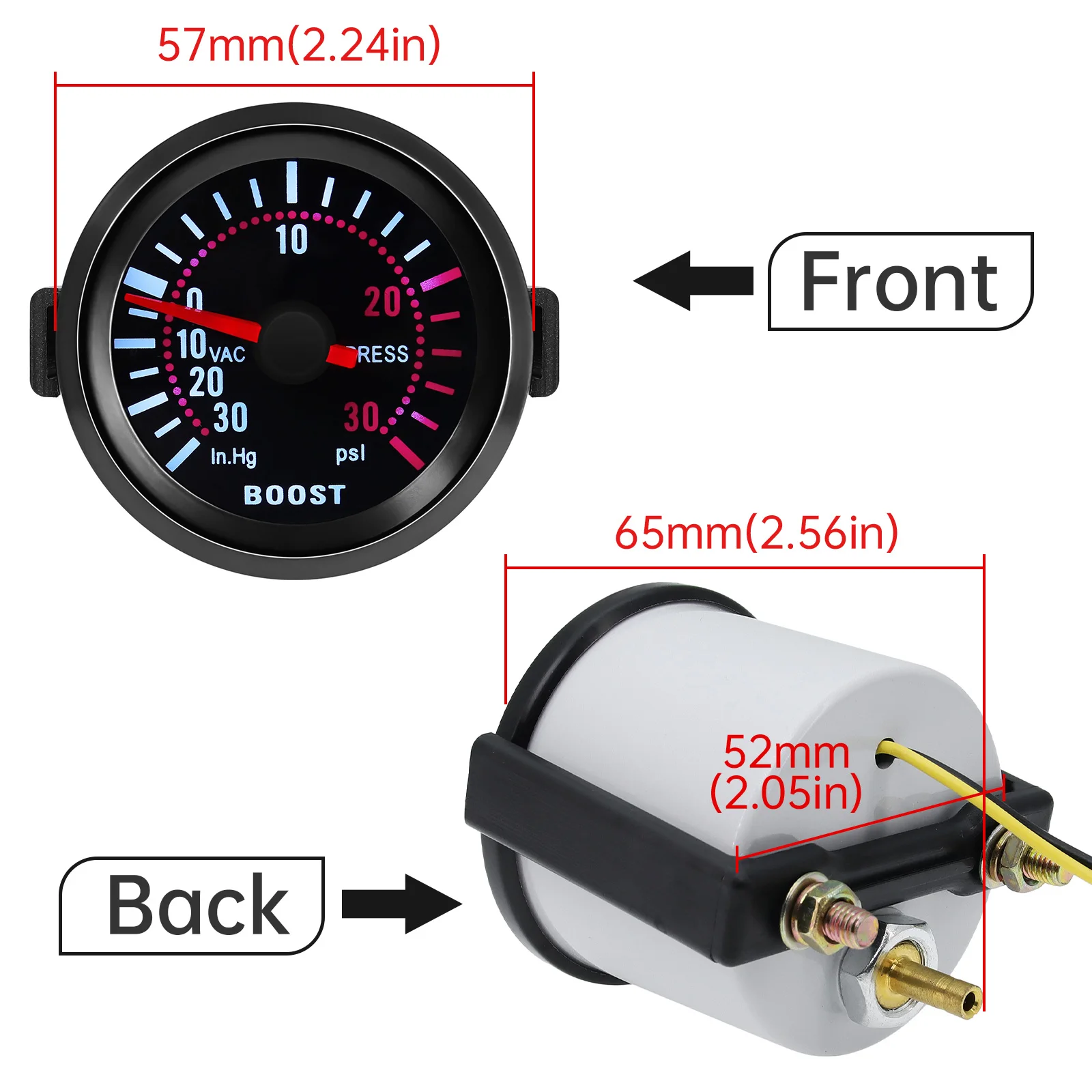 Turbo Boost Gauge para Gasoline Racing Car, Smoke Lens Meter Indicator, PSI BAR Boost Meter, 12V,-30 ~ 30PSI, 2 