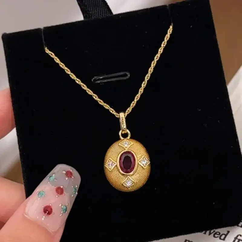Classic charm trend light luxury wire drawing ruby collar chain design inlay diamonds oval necklace fashion red pendant jewelry