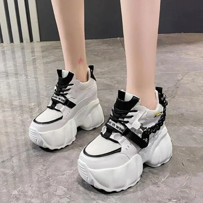 NEW Breathable Mesh 10CM Chunky Sneakers for Women Non Slip High Platform Sports Dad Shoes Woman Lace Up Thick Sole Casual Shoes