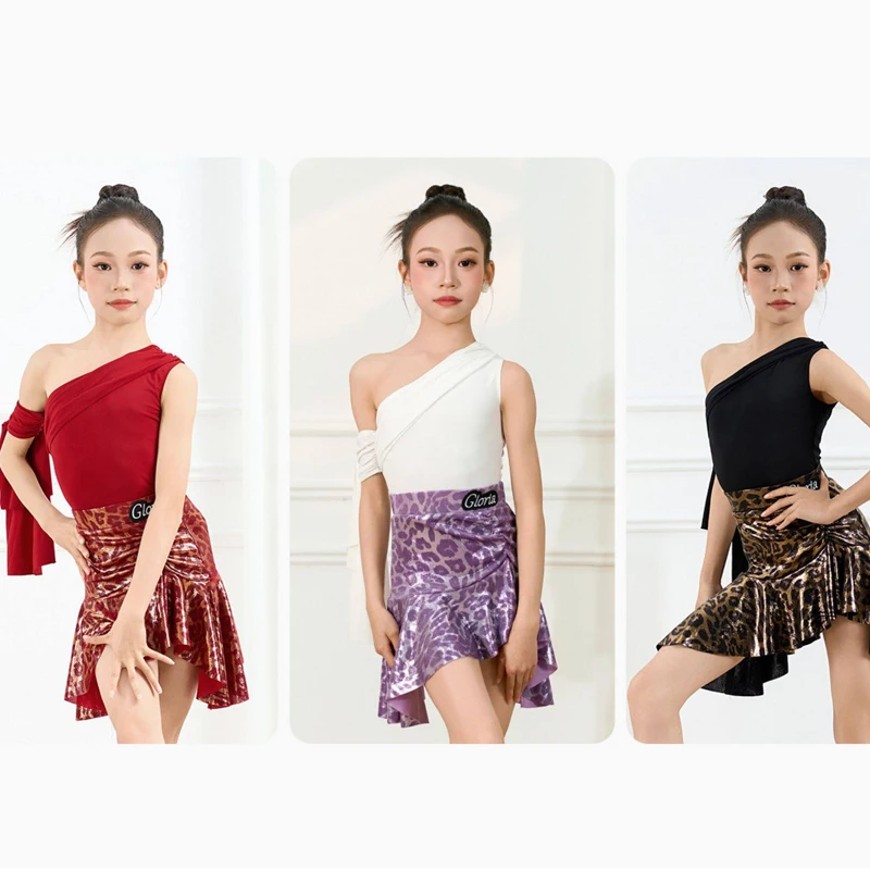 

2026 Summer Girls Latin Dance Competition Costume Irregular Latin Top Leopard Laser Skirt Kids Chacha Latin Dance Suit XS11358