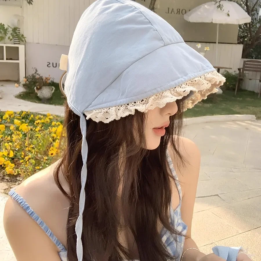 Y2K Retro Lace Edge Loli Bucket Hats for Women Summer Travel Seaside Vacation Versatile Sunscreen Sweet Strap Sun Hat Gorros
