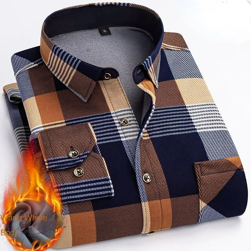 2022 Autumn/Winter New Men\'s Fashion Casual Plaid Long Sleeve Shirt Men\'s Fleece and Thick Warm High Quality Large Size Shirt