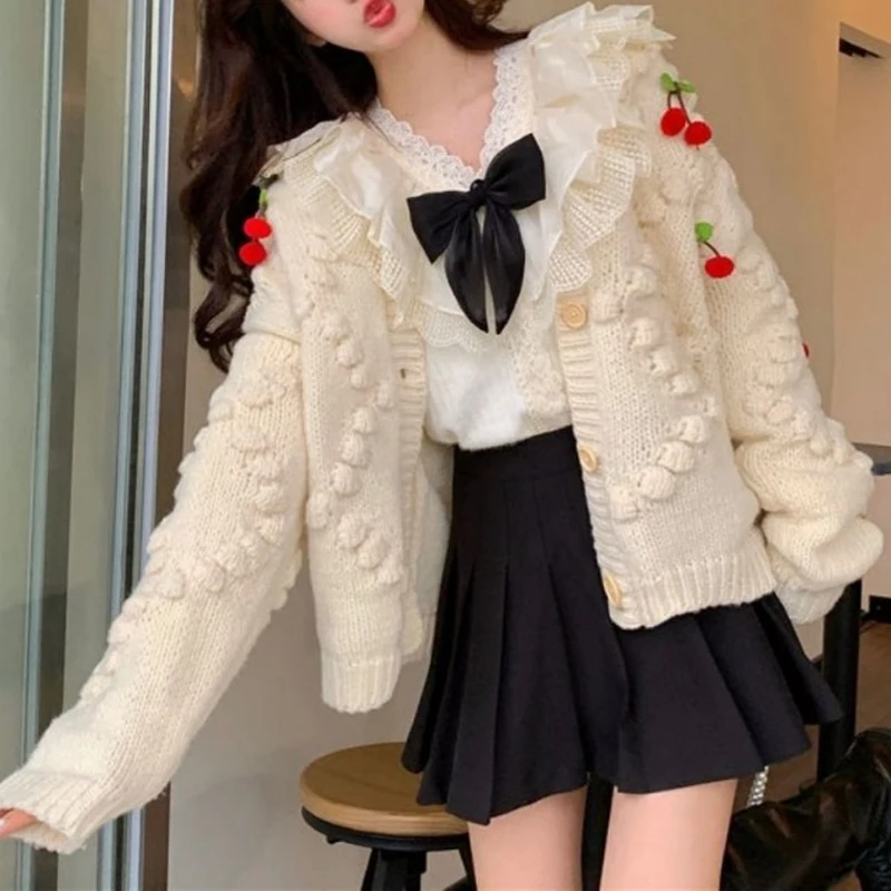 Autumn Winter Women Stylish 3D Cherry Cute Sweet Chic Single Breasted Knitted Cardigan Y2K Casual Long Sleeve Slim Sweater Coat