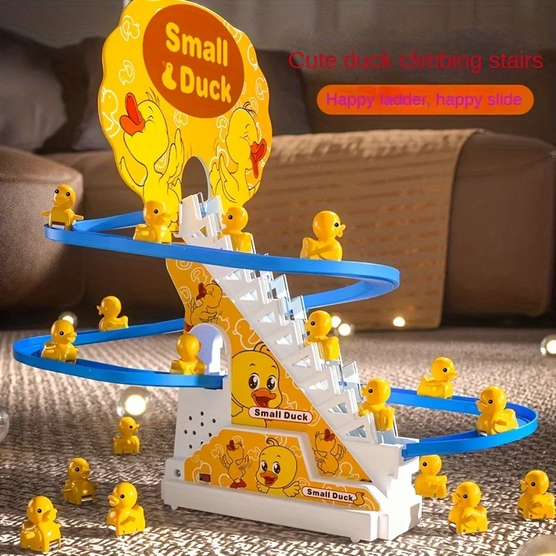 6pcs Ducklings Climbing Stairs Toy, Electric Slide Yellow Duck Toy, Toys For Boys And Girls, Holiday Gift, Light And Music gift