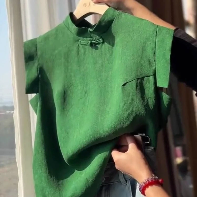 

2025 летняя винтажная зеленая верхняя рубашка без рукавов в китайском стиле, женская одежда, повседневные топы 3xl, рубашки