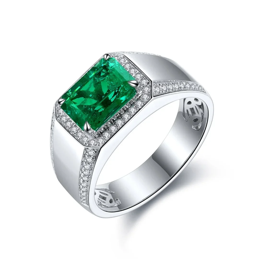 Ruif Real 925 Silver 3ct Lab Grown Emerald Rings for Men Classical Design Luxury Jewelry for Daily Wear