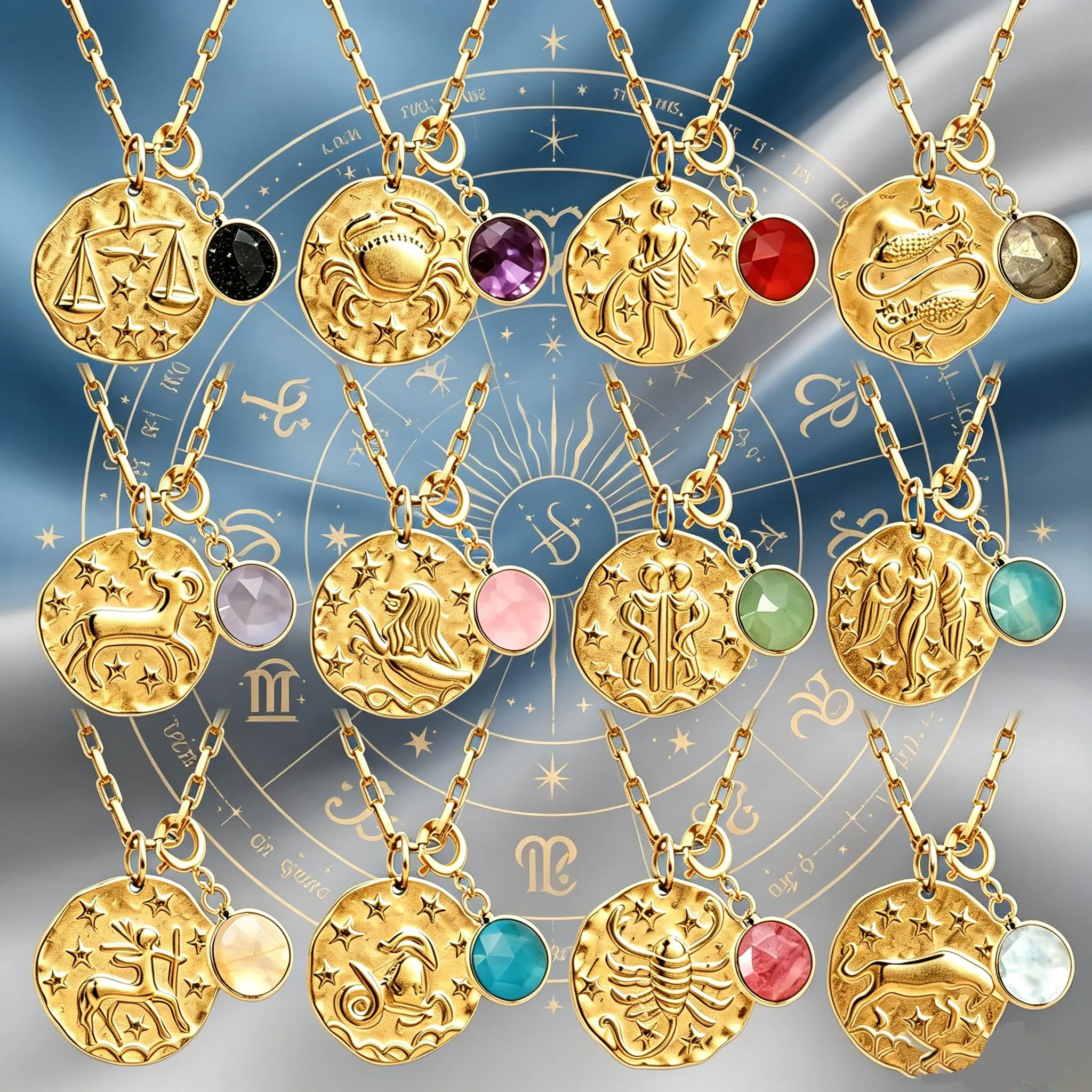 12 Zodiac Stainless Steel Women's Necklace Birthstone Zodiac Round Pendant Necklace Sweater Chain Amulet Color Christmas Gift