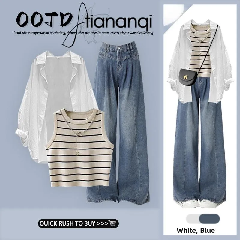 

Chic Knitted Crop Top High Waist Wide Leg Jeans Tee Piece Set Women's Turn-down Collar irt Outerwear Ele Ensemble