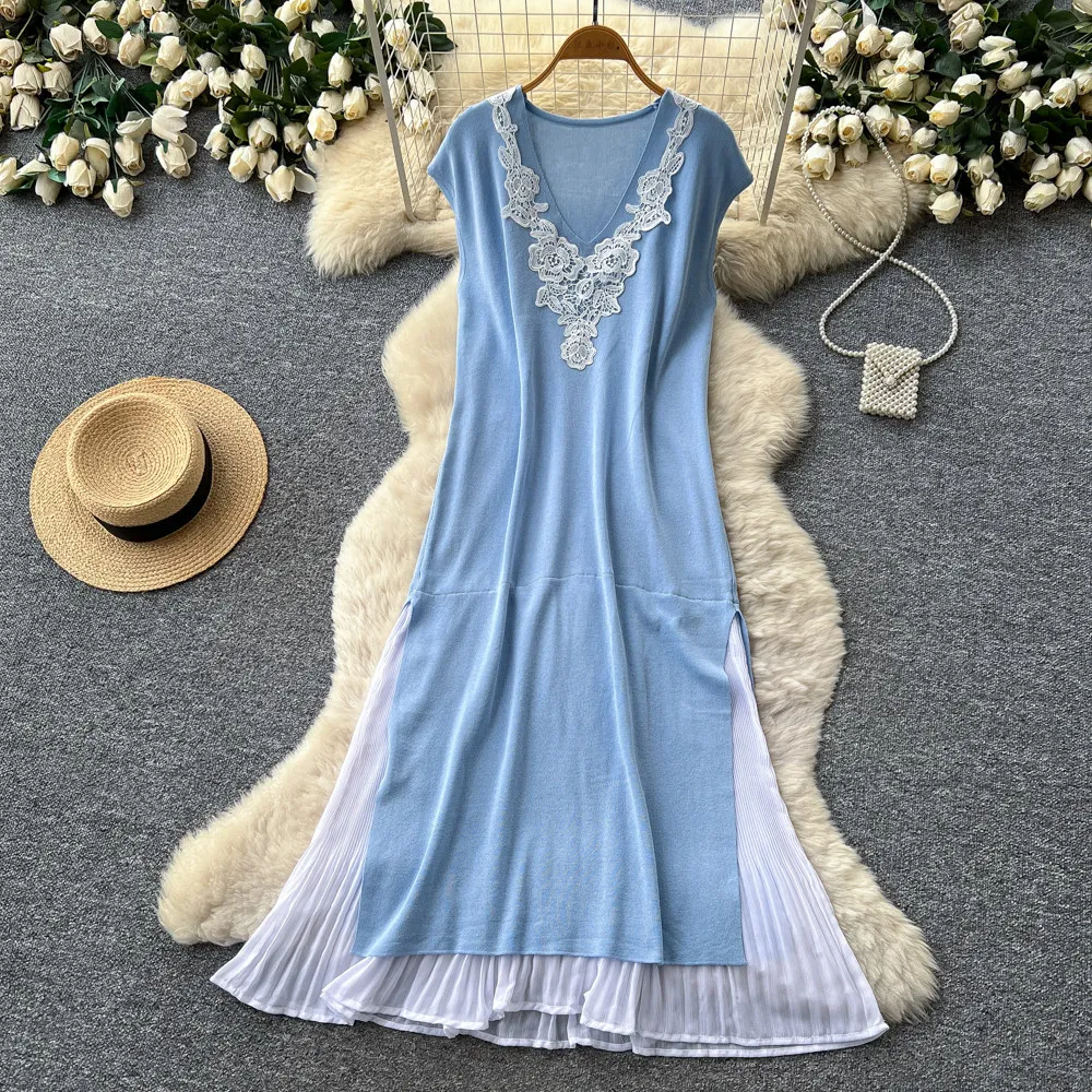 

Women Long Dress Dresses A Line Vestidos Y2k Streetwear V Neck Short Sleeve Lace Casual Elegant Splice Party Night Work 2026