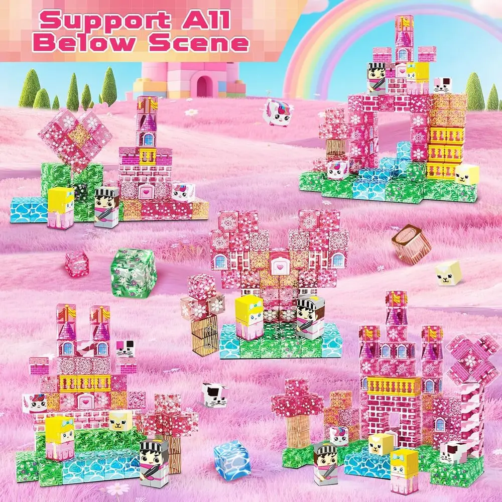 透明な磁気ブロック100ピースセット、4～12歳のお子様向け、ピンクのプリンセス城テーマ、女の子への理想的な贈り物