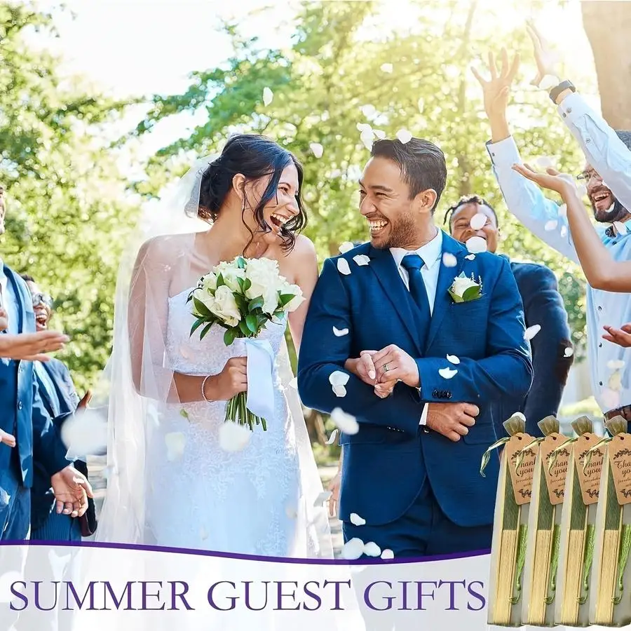 1/5/10/20/50/100pcs Foldable Fabric Hand Fans with Thank-You Cards and Tassels, Gift Bag Included, Green Hand Fans for Weddings
