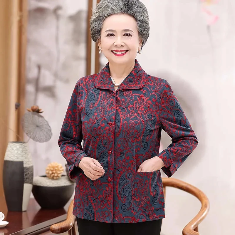 Spring Autumn Middle Aged Elderly People Grandma\'s Attire Thin Tops Spring 60 Years Old 70 Mom\'s Costume Cardigan Two Piece Set