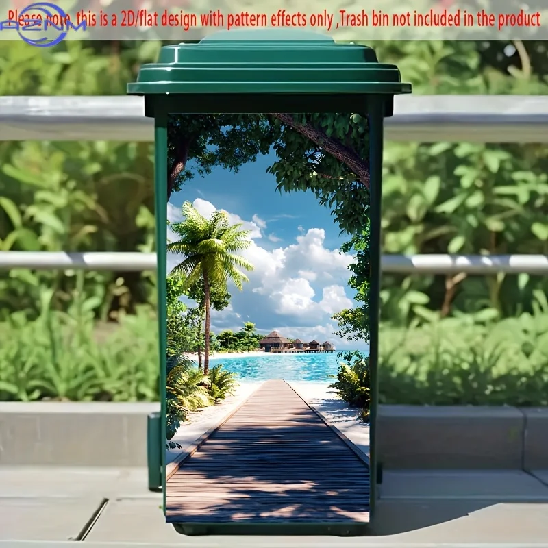 1pc of a Two-Dimensional Flat Sticker for a Trash Can, Measuring  by  cm, Featuring an Ocean View Beach Path with Tropical Tre