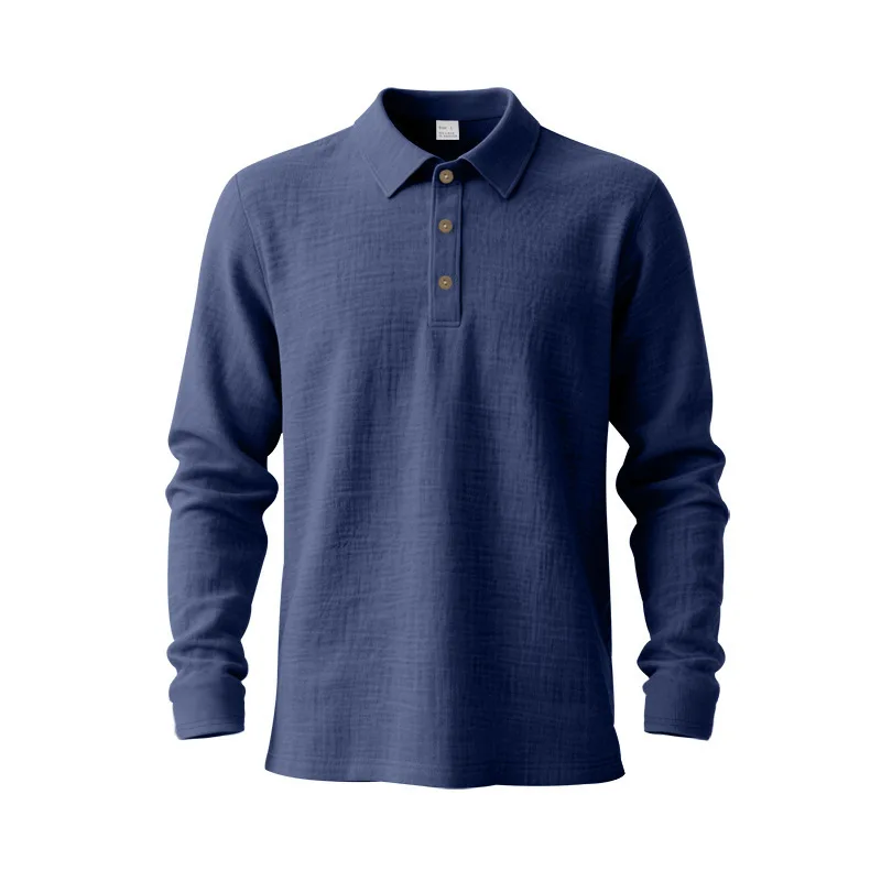 Leinen-Hemd mit Stehkragen und Knopfleiste, Herren Locker Sitzendes Atmungsaktives V-Ausschnitt Langarm-Polohemd – Detail 14
