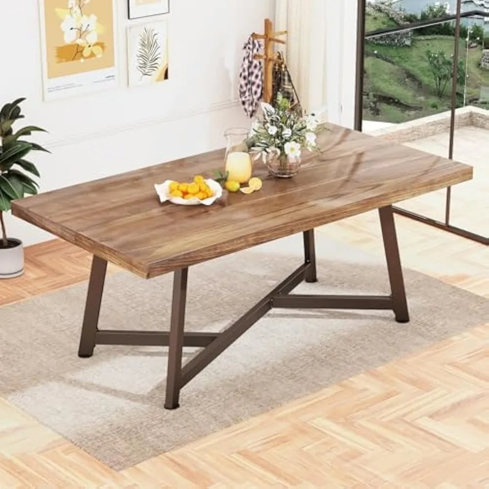 72" Solid Wood Dining Table for 4 5 6 People, Rustic Brown Rectangular Dinner Tables, Large Kitchen Table w/Adjustable Metal Leg